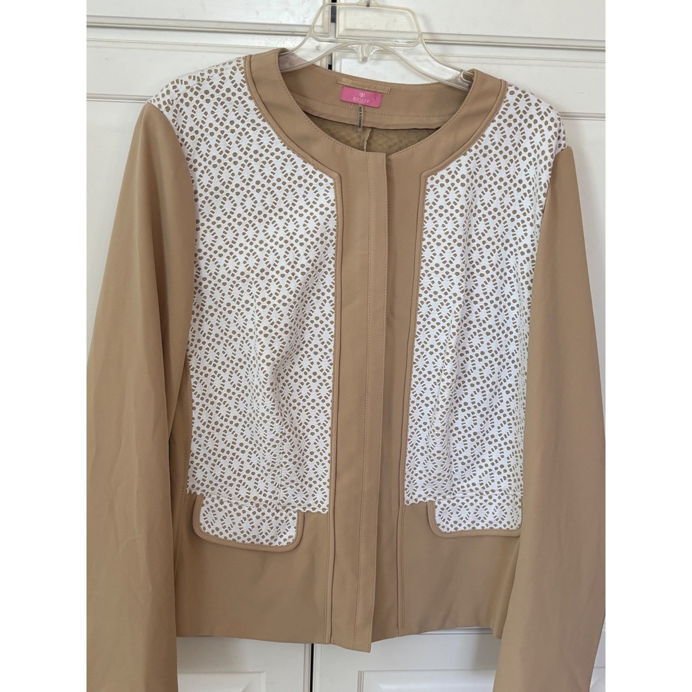 Basler Tan White Eyelet Laser Cut Zip Front Jacket Plus Size 22 GB / 48 DE